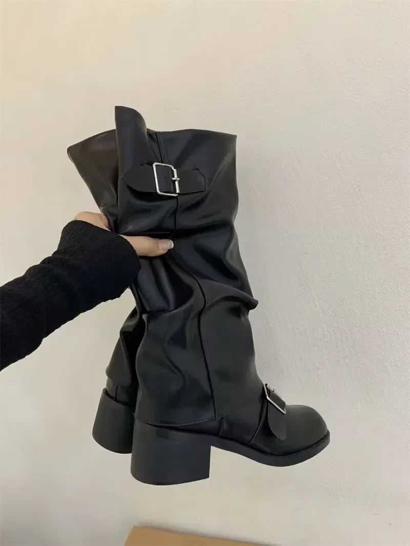 Woman Boots Knee High Platform Chunky Heels Trend Punk Gothic New Rock Leather Fashion Women's Shoes Motorcycle Footwear Q221